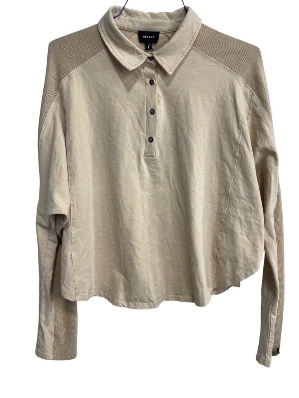 Heyson Polo Shirt Large Long Sleeve Pullover Beige Tan Cotton Neutral Preppy NEW